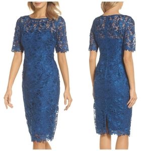 Adrianna Papell Blue Floral Lace Sheath Dress Night Flight